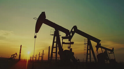 Silhouettes of oil rigs in the oil field, crude oil production by pumps against the background of sunset