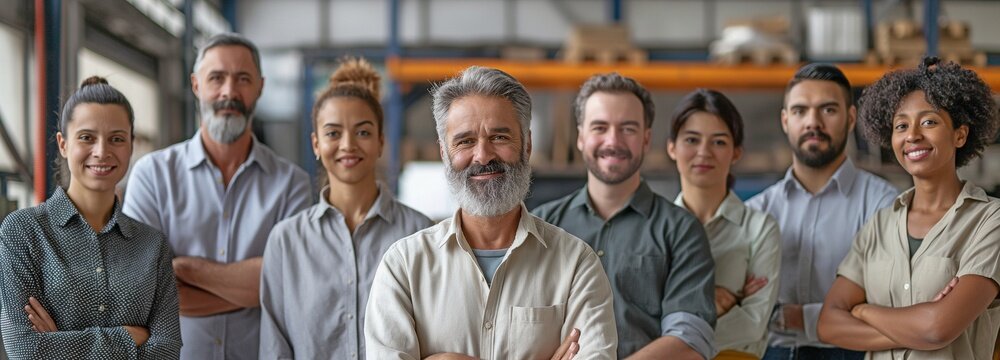 Picture of a happy, diversified group of coworkers at a modern metalwork warehouse plant, arranged in a row.
