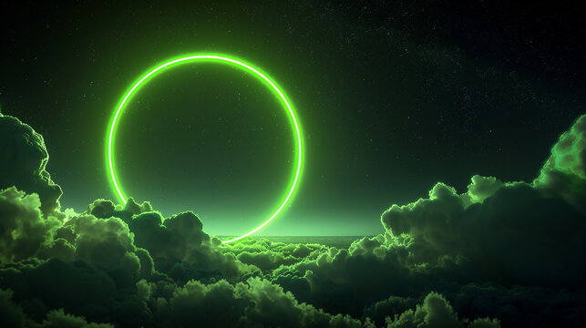 Abstract dark sky lit by a vibrant lime green neon ring, framed in 3D,