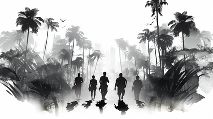 People travelers go on an expedition through the jungle, a black and white image of wildlife in watercolor style
