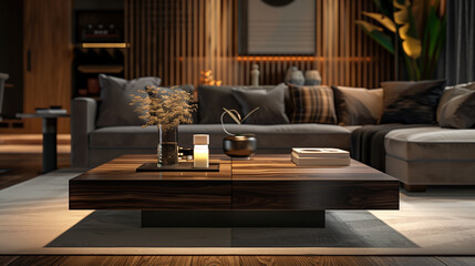 Fototapeta premium contemporary wooden coffee table, dark stain, sleek design, sophisticated decor, ambient lighting, and elegant centerpiece. Modern and refined