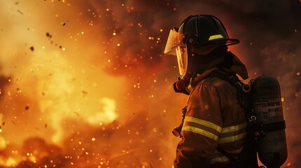 Fototapeta premium Brave Firefighter Battling Intense Blaze with Protective Gear and Oxygen Tank