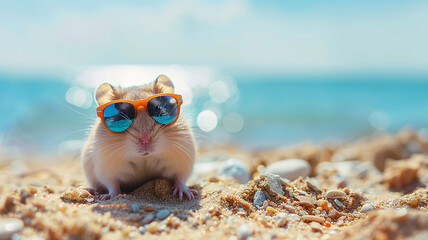 A cute fluffy hamster in sunglasses is relaxing on the beach against the background of the sea on a sunny day