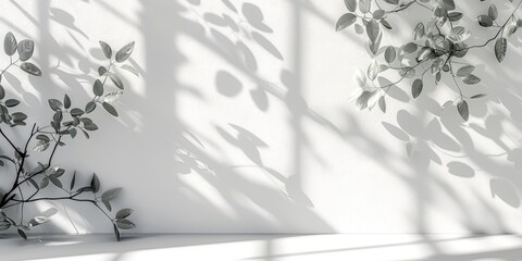 Minimalistic light background with foliage shadow on white wall, perfect for presentations, highquality image, elegant and serene, simple and stylish