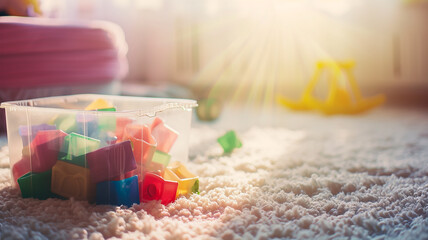 Multicolor children's cubes in a container in a room on a soft carpet in sunlight