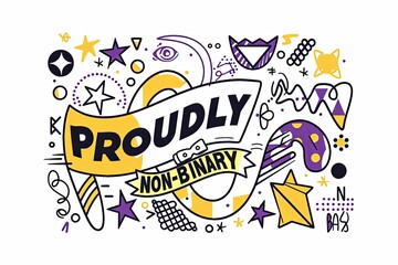 "PROUDLY NON-BINARY", sticker, colors yellow, white, purple, and black with a mix of abstract shapes representing gender fluidity and inclusivity. isolated on white background, 70s retro style
