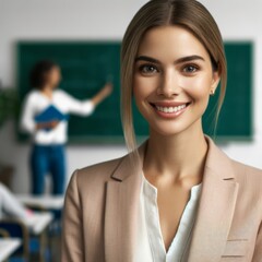 Female Teacher Smiling in Classroom Setting