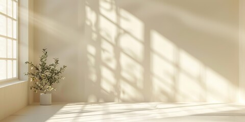 Minimalistic abstract light beige background with gentle window shadow, ideal for product presentation, soft and elegant, highresolution image, serene and stylish