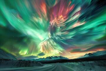 Spectacular Aurora Borealis Over Snowy Mountain Landscape at Night