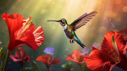 Fototapeta premium Vibrant Hummingbird Dancing with Red Hibiscus in a Lush Tropical Garden - Exquisite Wildlife Photography