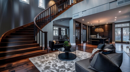 Fototapeta premium A sophisticated modern living room with a rich, moody color scheme, featuring a wooden staircase with mahogany steps and dark bronze railings