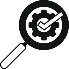 Quality control concept icon with magnifying glass, check mark, and gear symbolizing assurance, validation, and verification in industry and manufacturing management