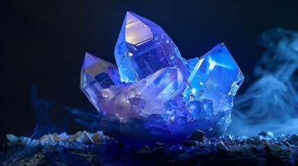 A blue crystal is on a rock