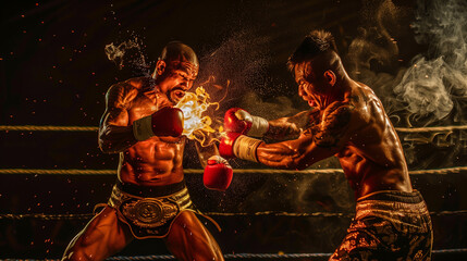 Muay Thai Fighter in an epic Thaiboxing ring match enhacing his fire aura outside his body