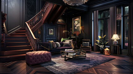 A modern living room with a rich, moody color scheme, a wooden staircase with mahogany steps and dark bronze railings. luxurious furniture in deep shades of navy, plum, and charcoal