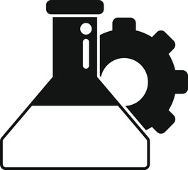 Black silhouette icon depicting a laboratory flask merged with a gear, symbolizing scientific industry