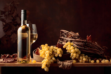 White wine and bunch of grapes.