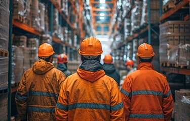 Safety meeting at the warehouse, wearing hard helmets. industrial cooperation.