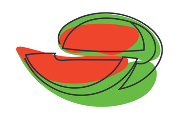 Slice and a whole watermelon in one line with spots. Vector of a watermelon in continuous line