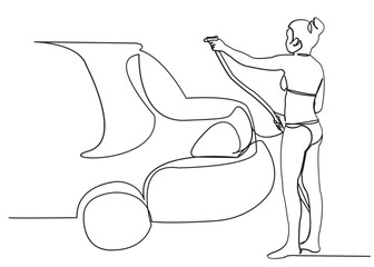 continuous single drawn one line girl in bathing suit washes machine drawn from hand picture silhouette. Line art.