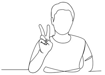 continuous single drawn one line young man shows gesture peace drawn by hand picture silhouette. Line art.
