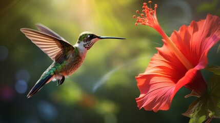 Obraz premium Delicate Hummingbird Hovering Near Red Hibiscus Flower in Tropical Garden