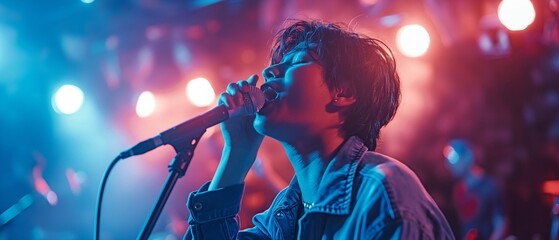 Asian youth, dressed in blue jeans, singing into a microphone.