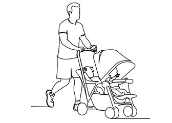 continuous single drawn one line of dad on a walk with two children in a stroller painted by hand picture silhouette. Line art. a man with a stroller