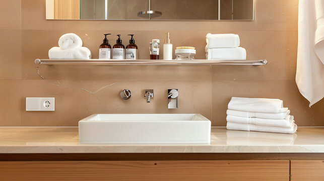 A modern washroom with sleek, floating wooden shelves above the vanity, neatly arranged towels and toiletries