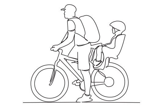 continuous single drawn one line of dad with a child on a bicycle drawn from the hand picture silhouette. Line art. Dad and child riding a bicycle