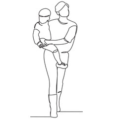 continuous single drawn one line with a child on hands painted by hand picture silhouette. Line art. character mommy with a baby in his arms for a walk