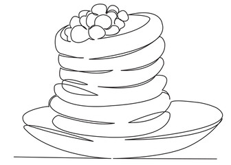 one continuous drawn line of pancakes on plates syrup-drawn hand-drawn picture silhouette. Line art. carnival, pancakes