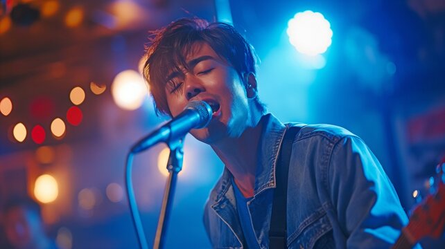 Asian youth, dressed in blue jeans, singing into a microphone.