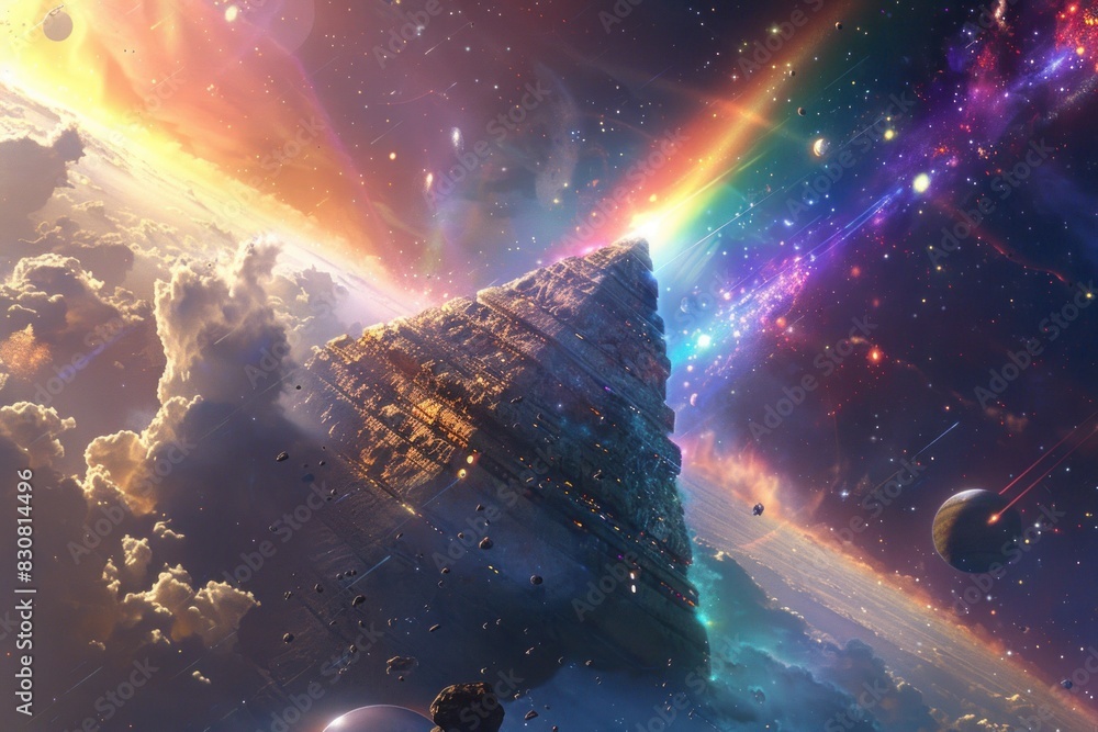 Poster a colorful space scene with a rainbow and a pyramid