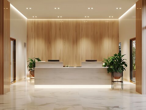 Luxury and contemporary lobby area interior design in white and wood style with reception counter