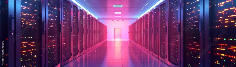 Poster a futuristic data center corridor with glowing led lights and racks of servers, symbolizing advanced
