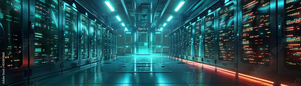 Poster a futuristic data center with illuminated server racks and advanced technology, showcasing a high-te