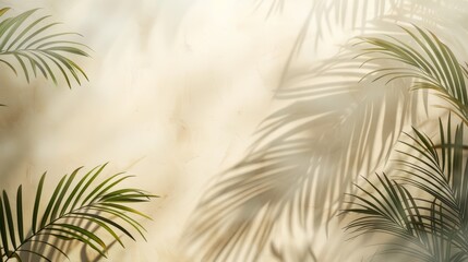 Light cream wall with blurred palm leaf shadows, minimalistic summer spring background, highquality image, perfect for product presentation, elegant and serene, soft and natural