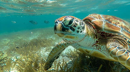Fototapeta premium Explore the vibrant underwater world with this stunning close-up of a majestic sea turtle. Dive into oceanic beauty and marine life wonder. Generated AI