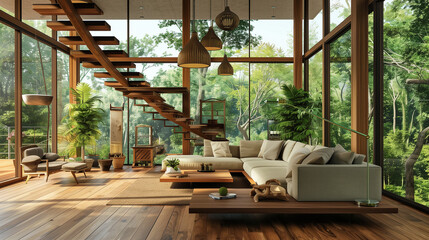 Fototapeta premium A modern eco-friendly living room with a wooden staircase. sustainable furniture, energy-efficient lighting, and large windows with views of nature.
