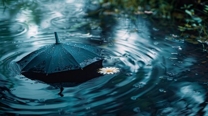 A blue umbrella is floating in a body of water