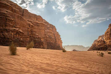 Beautiful Desert Landscape in Wadi Rum. Middle East Scenery with Rock Formation in Jordan.