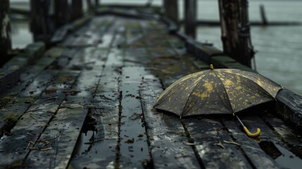 A blue umbrella is on a wooden bench by a body of water