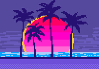 Vector Palm trees at sunset in pixel art style. 8 bit landscape of palm trees on the shore in the style of 90s video games.