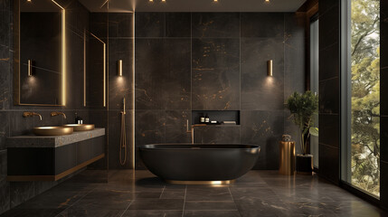 A luxurious modern washroom with dark, matte black tiles and gold accents. The space includes a freestanding bathtub with a gold faucet, a large vanity with a marble countertop, and a backlit mirror