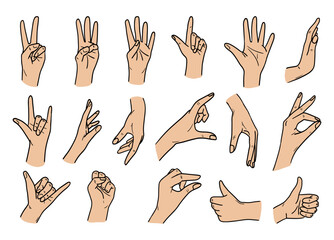set of realistic gestures hand, concept of stop, help, rock, symbol v, right left, animated number one, two, three, four, five, zero vector illustration