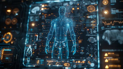 Fototapeta premium Futuristic holographic human anatomy interface with data visualization and technology elements, depicting medical analysis and innovation.