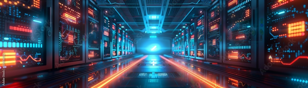 Aufkleber futuristic server room with vibrant lights, showcasing advanced technology and high-speed data proce