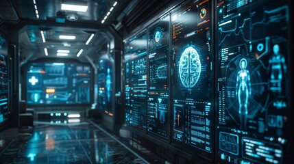 Fototapeta premium Futuristic technology interface with digital displays, holographic data, and a high-tech hallway, representing advanced artificial intelligence.