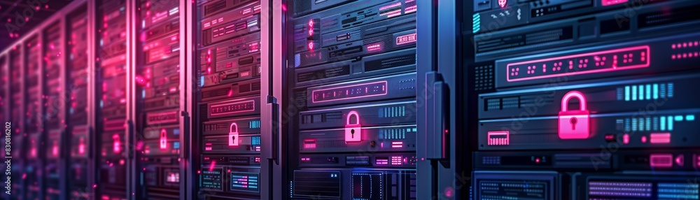 Poster modern data center server racks with glowing neon lights, showcasing cybersecurity and it infrastruc